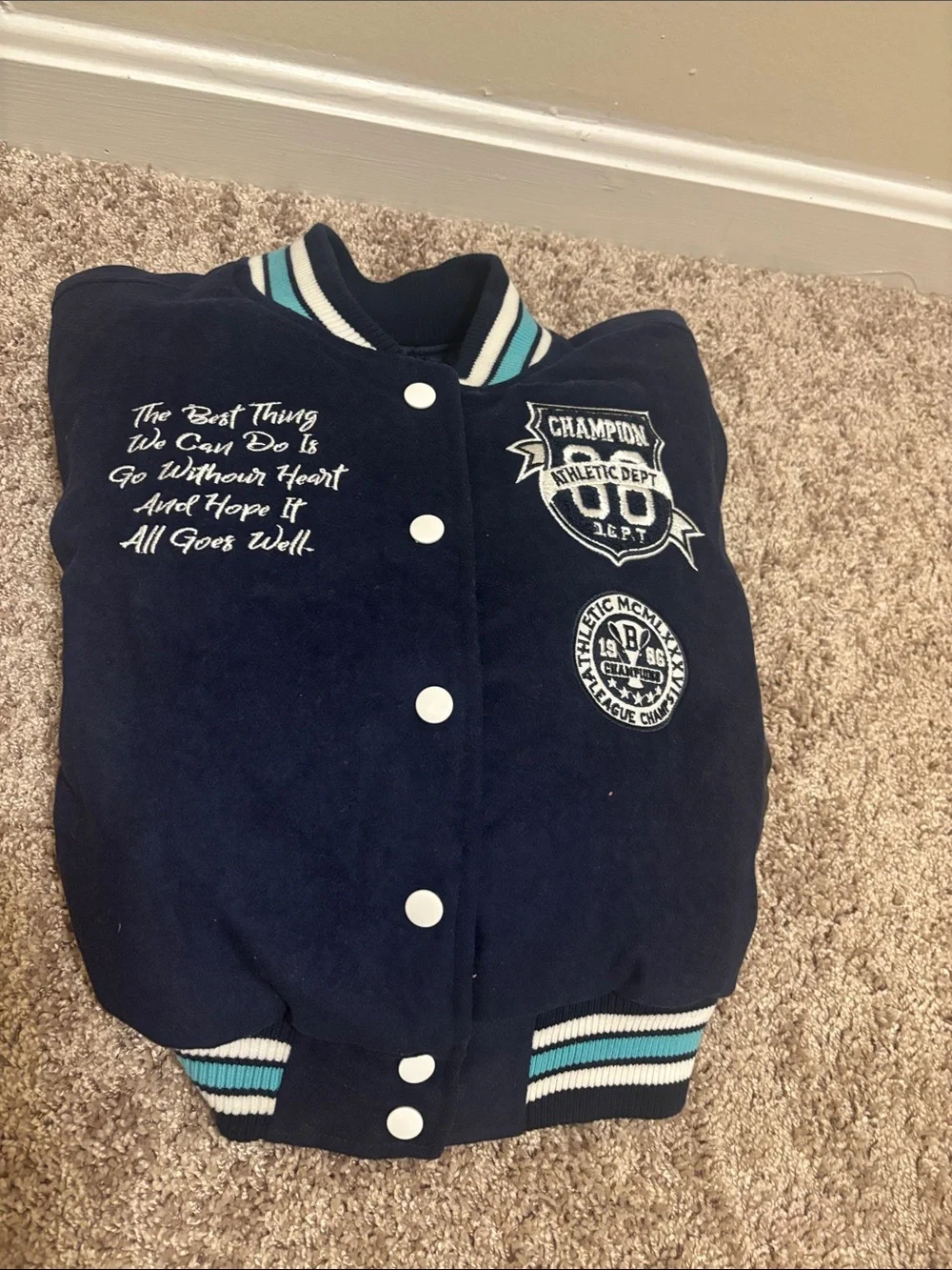 Vintage Red Fox Champion Kids Navy Blue Varsity Jacket with Teal Trim